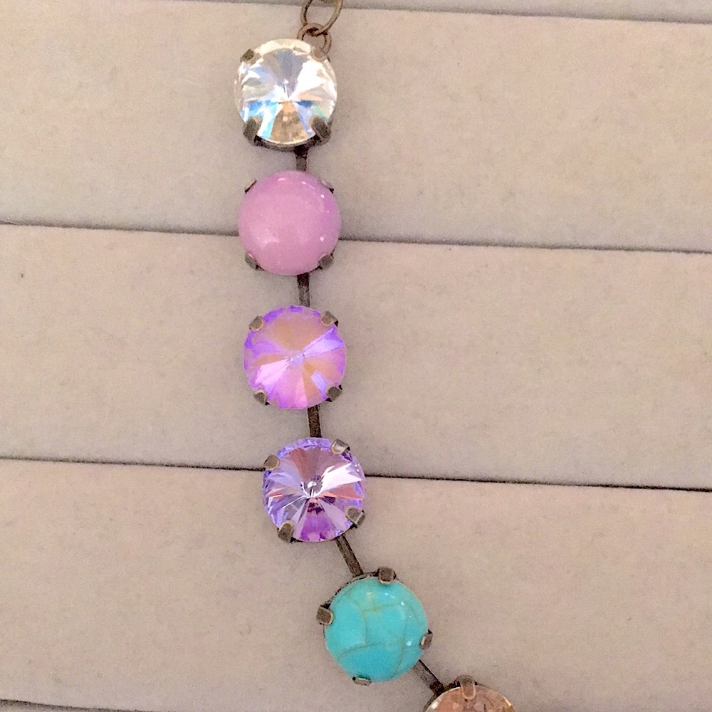 Turquoise, Lilac Purple Opal AB + Champagne Topaz Antique Brass Crystal Necklace - Picture 7 of 14